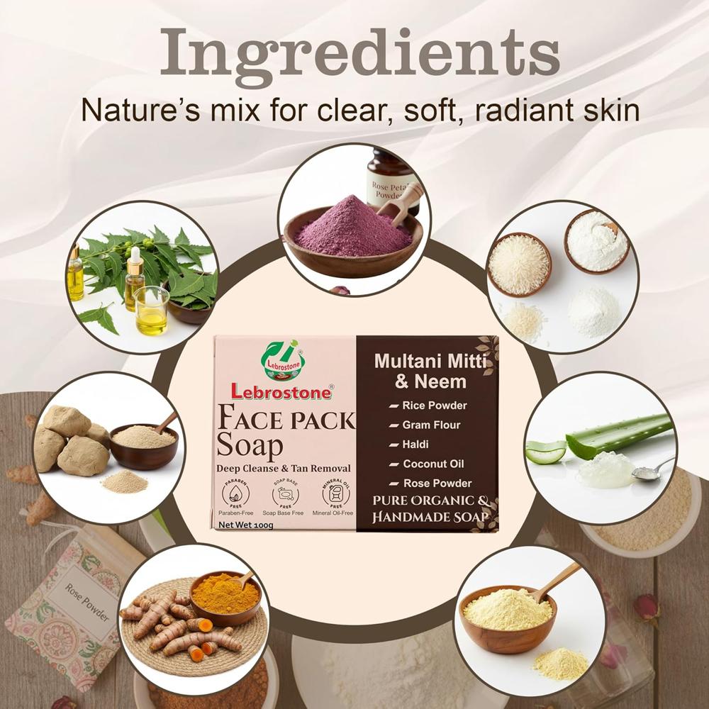 Lebrostone Multani Mitti & Neem Herbal Soap | Deep Cleansing, Tan Removal & Natural Glow | Smooth & Fresh Skin for Men & Women | 100g