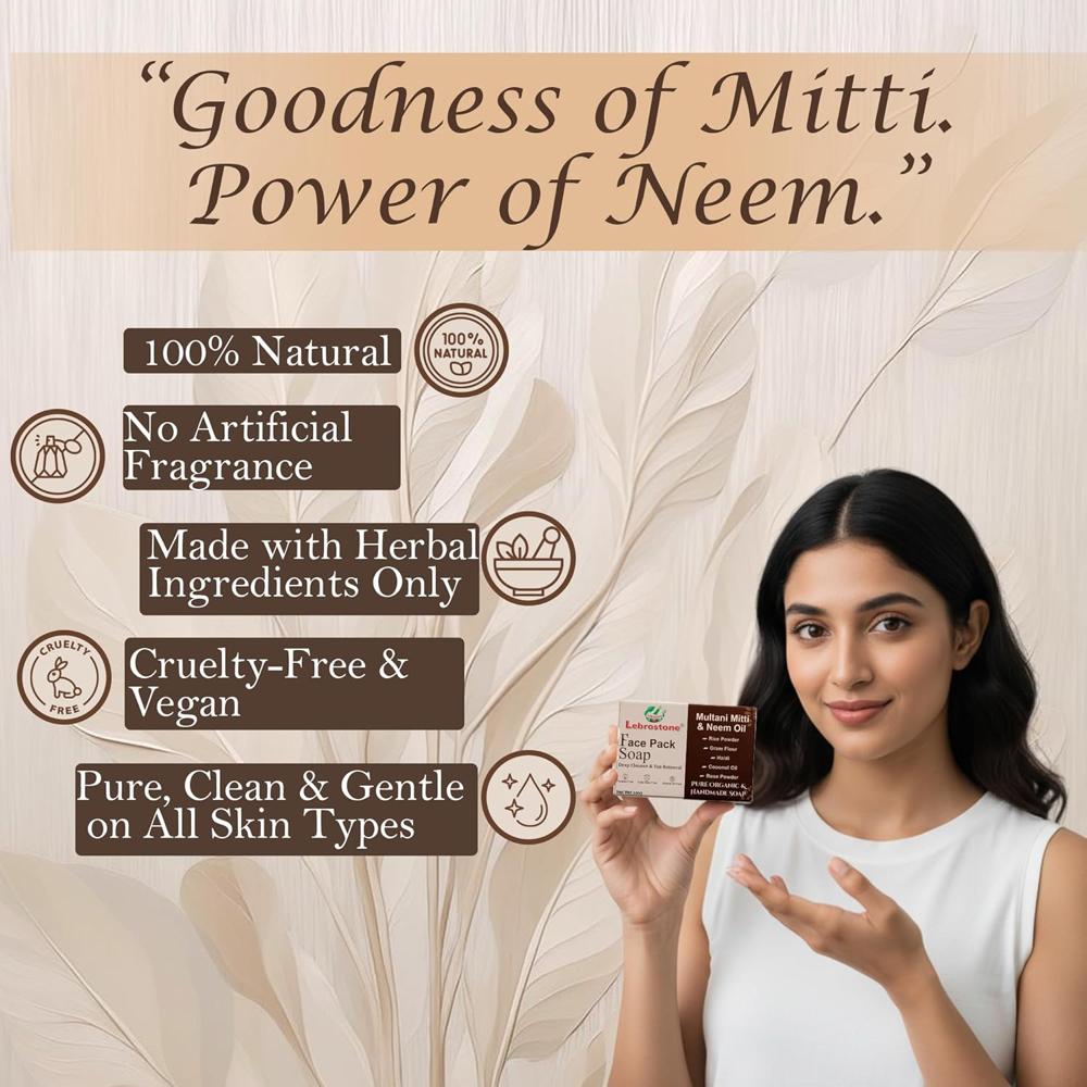 Lebrostone Multani Mitti & Neem Herbal Soap | Deep Cleansing, Tan Removal & Natural Glow | Smooth & Fresh Skin for Men & Women | 100g