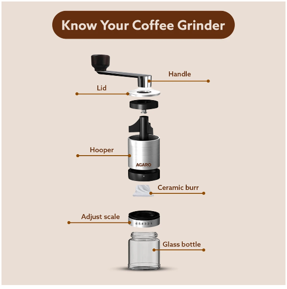 AGARO Elite Manual Ceramic Grinder with Glass jar 6 Cups Coffee Maker (Silver) (33813)