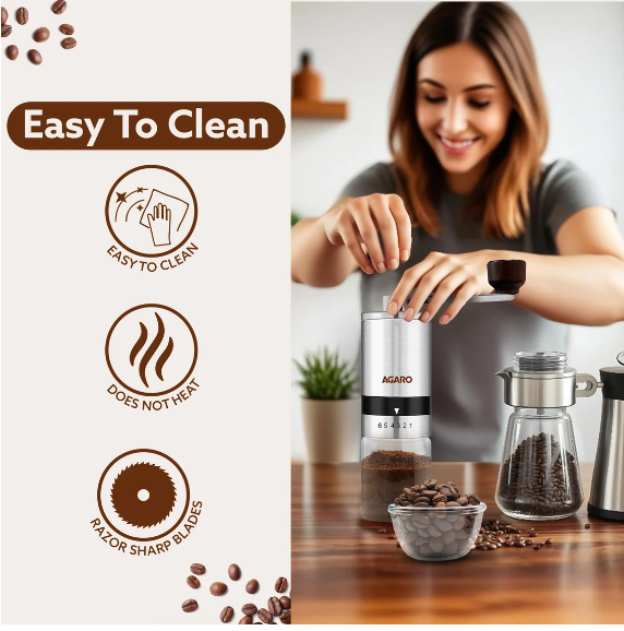 AGARO Elite Manual Ceramic Grinder with Glass jar 6 Cups Coffee Maker (Silver) (33813)