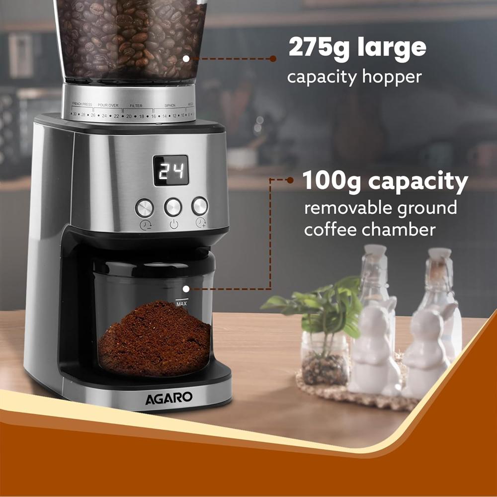 AGARO Stainless Steel Supreme Coffee Grinder,Conical Burr Grinder,31 Grinding Settings 40 mm  165 W