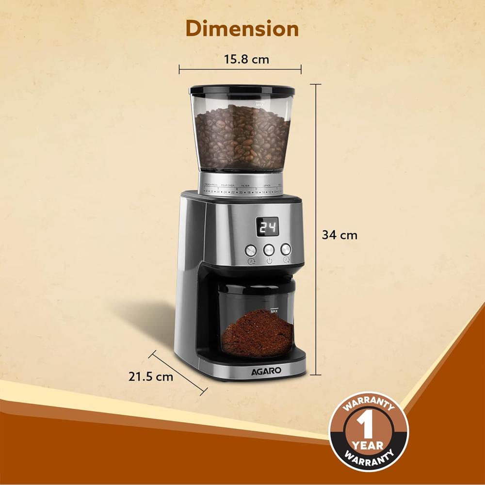 AGARO Stainless Steel Supreme Coffee Grinder,Conical Burr Grinder,31 Grinding Settings 40 mm  165 W