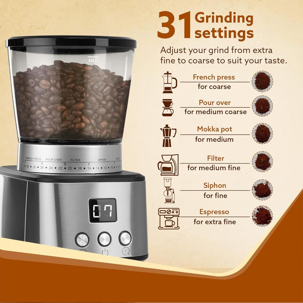 AGARO Stainless Steel Supreme Coffee Grinder,Conical Burr Grinder,31 Grinding Settings 40 mm  165 W