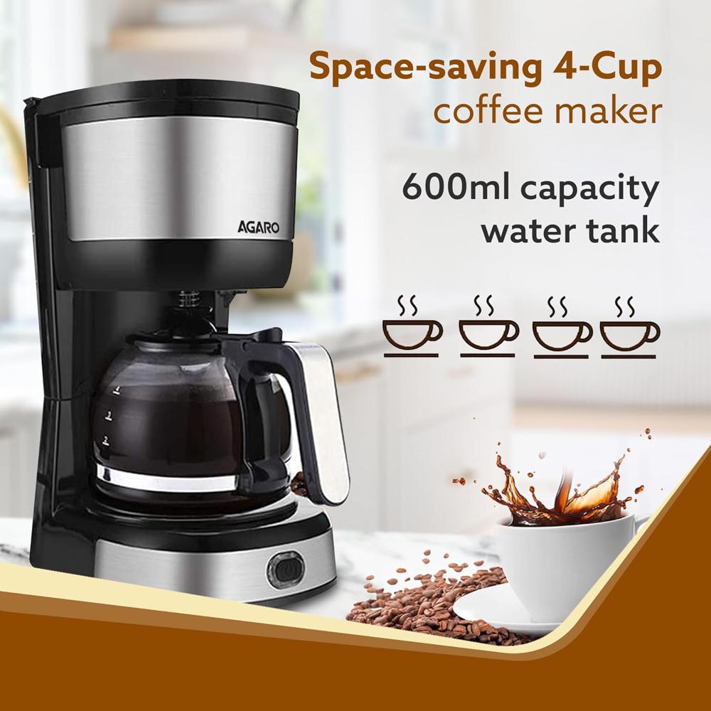 AGARO Royal 4 Big Cups Drip Coffee Maker, 600 Ml Borosilicate Glass Carafe Jar, 750W, Water tank with Level Indicator (33760)