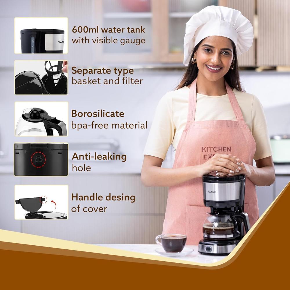 AGARO Royal 4 Big Cups Drip Coffee Maker, 600 Ml Borosilicate Glass Carafe Jar, 750W, Water tank with Level Indicator (33760)