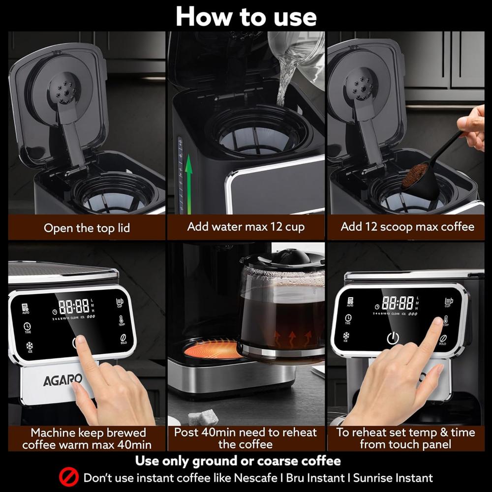 AGARO Primo Drip Coffee Maker, Brew & Maker, Up to 12 Cups, Fast Heating, (34240)
