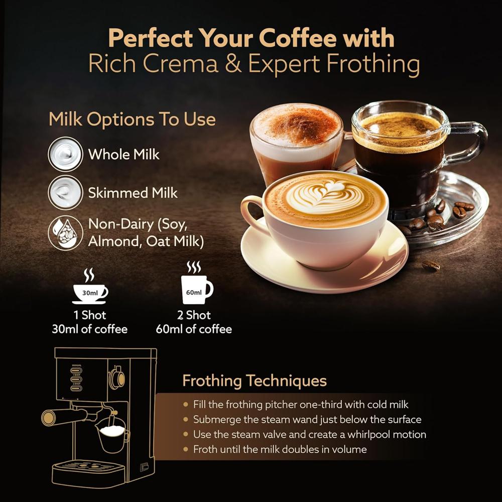 AGARO Regency Espresso Coffee Maker, Adjustable Pressure up to 20 Bars, Cappuccino Coffee Maker with Adjustable Foaming Milk  1.2L  1350W (33869)