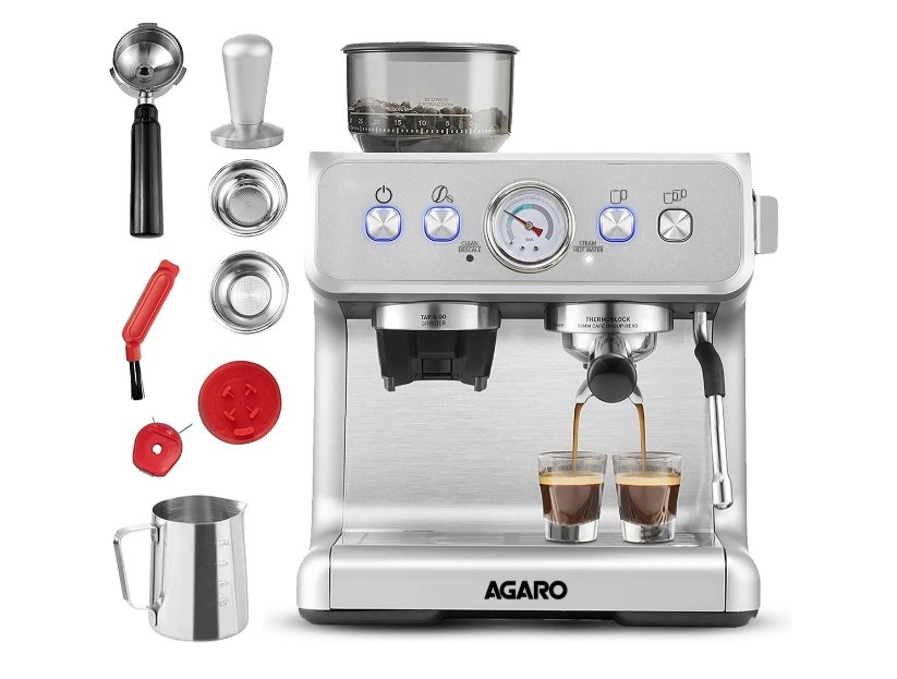 Agaro Supreme Espresso Coffee Maker With Grinder, 20 Bars Semi Automatic 2 Cups Coffee Maker Silver  (33870) - Dimension (l*w*h): 32d X 34.7w X 41h  Centimeter (cm)