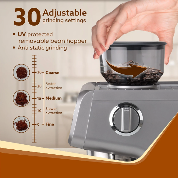 AGARO Supreme Espresso Coffee Maker With Grinder, 20 Bars Semi Automatic 2 Cups Coffee Maker Silver  (33870)