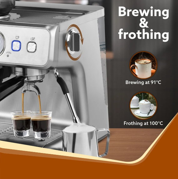 AGARO Supreme Espresso Coffee Maker With Grinder, 20 Bars Semi Automatic 2 Cups Coffee Maker Silver  (33870)