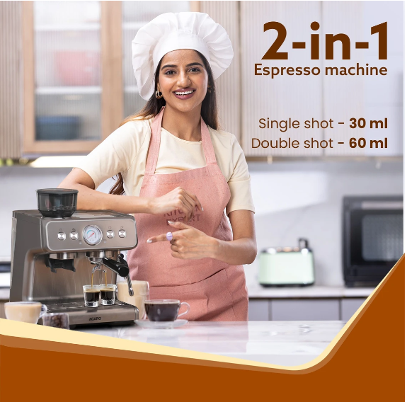 AGARO Supreme Espresso Coffee Maker With Grinder, 20 Bars Semi Automatic 2 Cups Coffee Maker Silver  (33870)