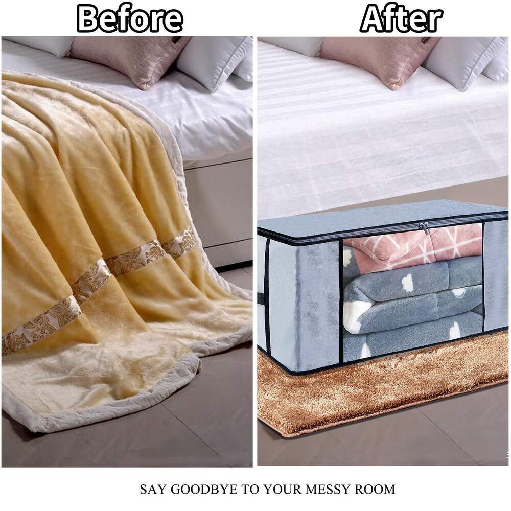 Blanket Storage Bag - Non-woven Fabric With Pvc Window, 60x40x30 Cm, Blue And Brown | Moisture-resistant, Dust-proof, Stackable, Dual Handles