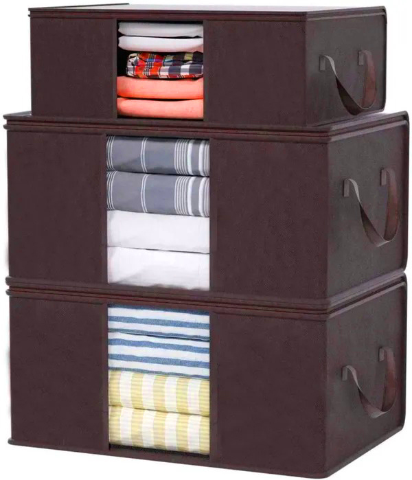 Blanket Storage Bag - Non-woven Fabric With Pvc Window, 60x40x30 Cm, Blue And Brown | Moisture-resistant, Dust-proof, Stackable, Dual Handles