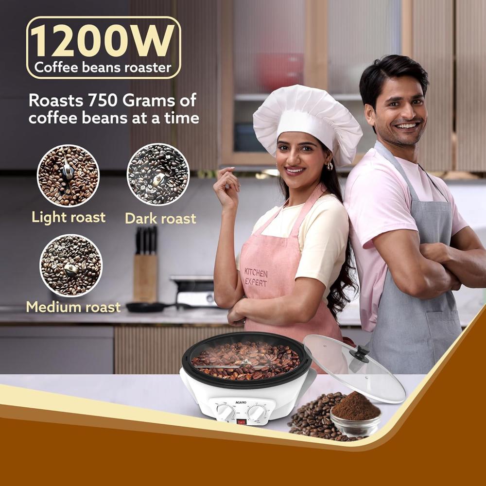 AGARO Regal Coffee Roaster, 750 Grams Capacity, 283mm Dia, Ceramic Coated Inner Pan, 3 Roasting Effect With 1200 W (34103)