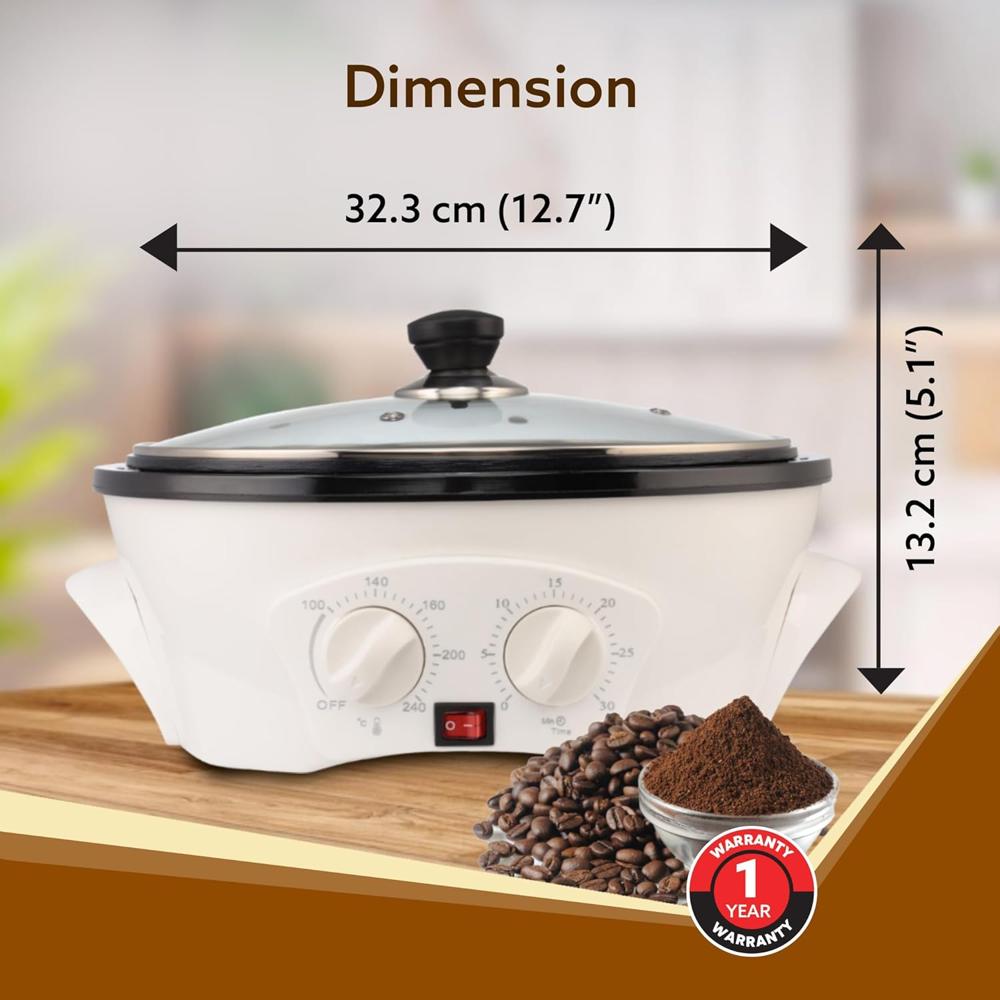 AGARO Regal Coffee Roaster, 750 Grams Capacity, 283mm Dia, Ceramic Coated Inner Pan, 3 Roasting Effect With 1200 W (34103)