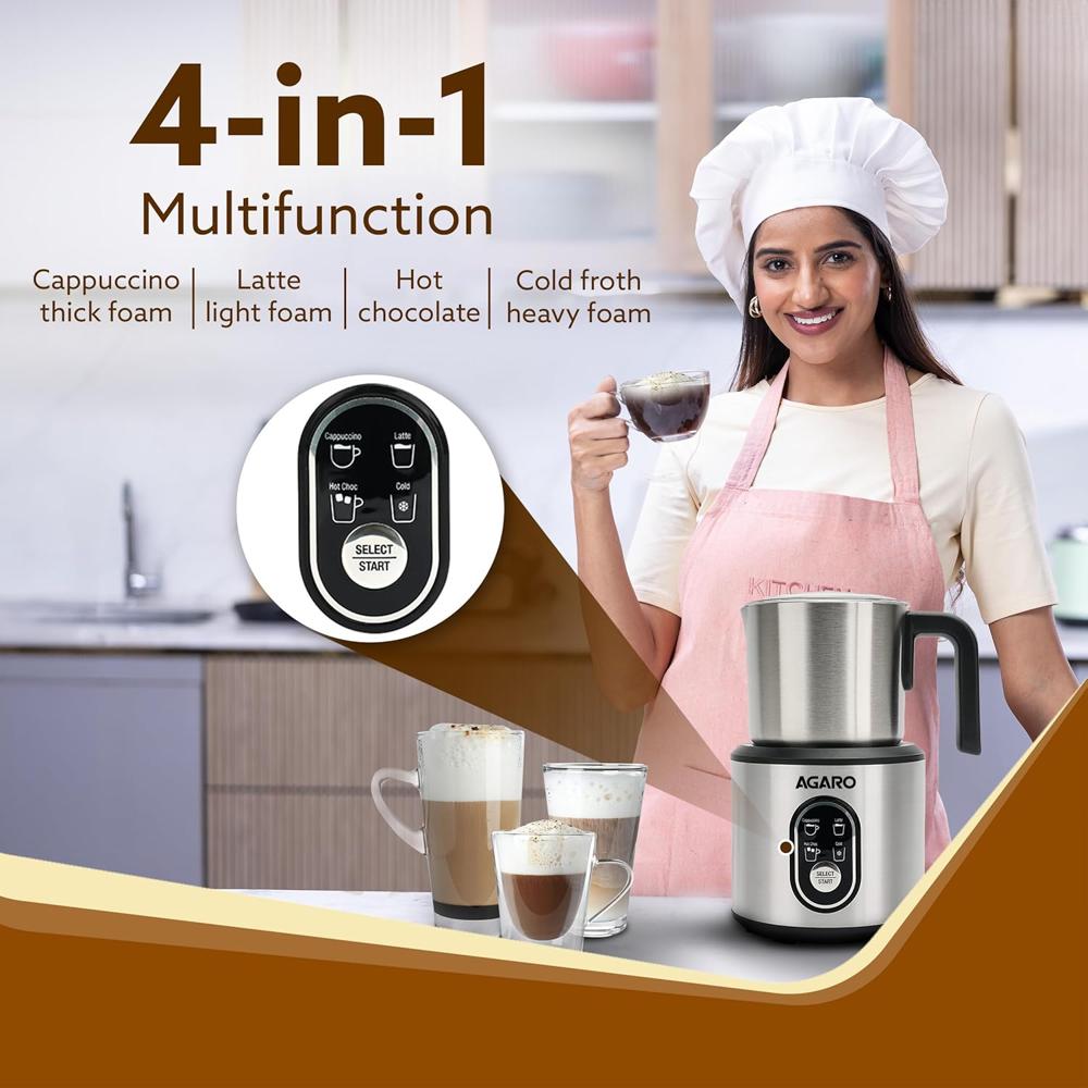 AGARO Regal Milk Frother for Coffee, 4 in 1 Electric Detachable Milk Frother and Heater  250ml  500 W (34005)