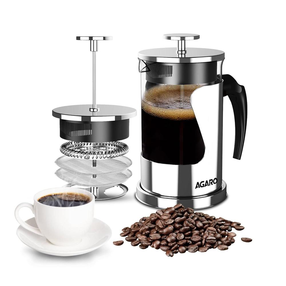 AGARO Crystal French Press Coffee Maker, 600 ML, 4 Level Filtration System, 304 Grade Stainless Steel-Heat Resistant Borosilicate Glass, (33678)