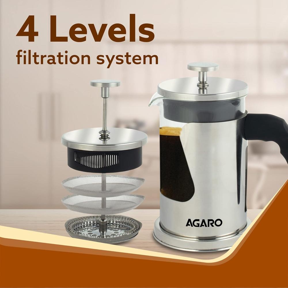 AGARO Crystal French Press Coffee Maker, 600 ML, 4 Level Filtration System, 304 Grade Stainless Steel-Heat Resistant Borosilicate Glass, (33678)