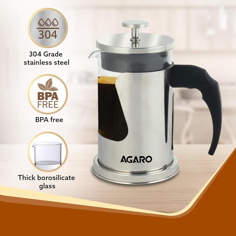 AGARO Crystal French Press Coffee Maker, 600 ML, 4 Level Filtration System, 304 Grade Stainless Steel-Heat Resistant Borosilicate Glass, (33678)