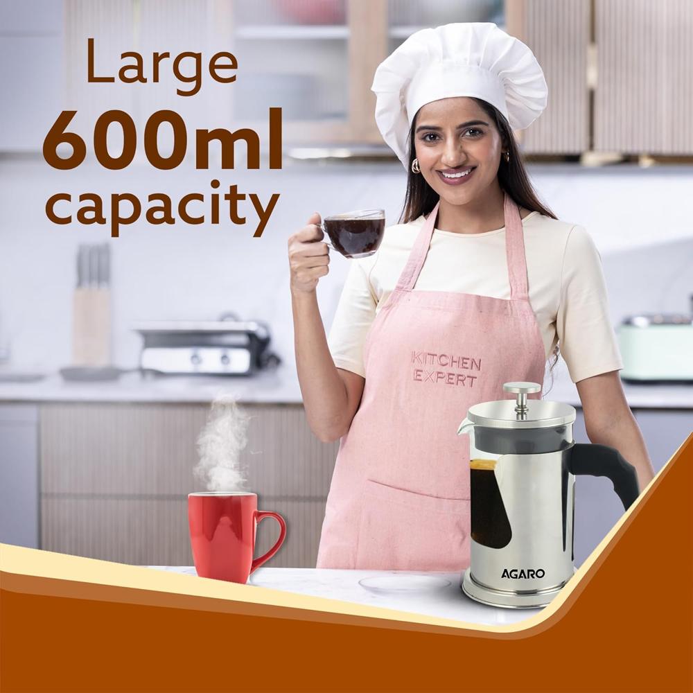 AGARO Crystal French Press Coffee Maker, 600 ML, 4 Level Filtration System, 304 Grade Stainless Steel-Heat Resistant Borosilicate Glass, (33678)