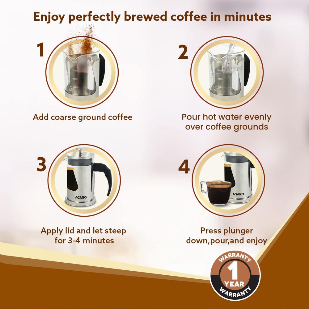 AGARO Crystal French Press Coffee Maker, 600 ML, 4 Level Filtration System, 304 Grade Stainless Steel-Heat Resistant Borosilicate Glass, (33678)