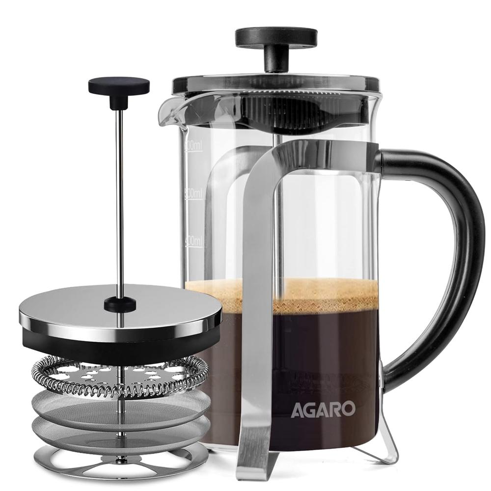 AGARO Classic French Press Coffee And Tea Maker, Borosilicate Glass Body With Sleeves, Glass Carafe, BPA Free Plastic Lid Strainer, 600Ml (33933)
