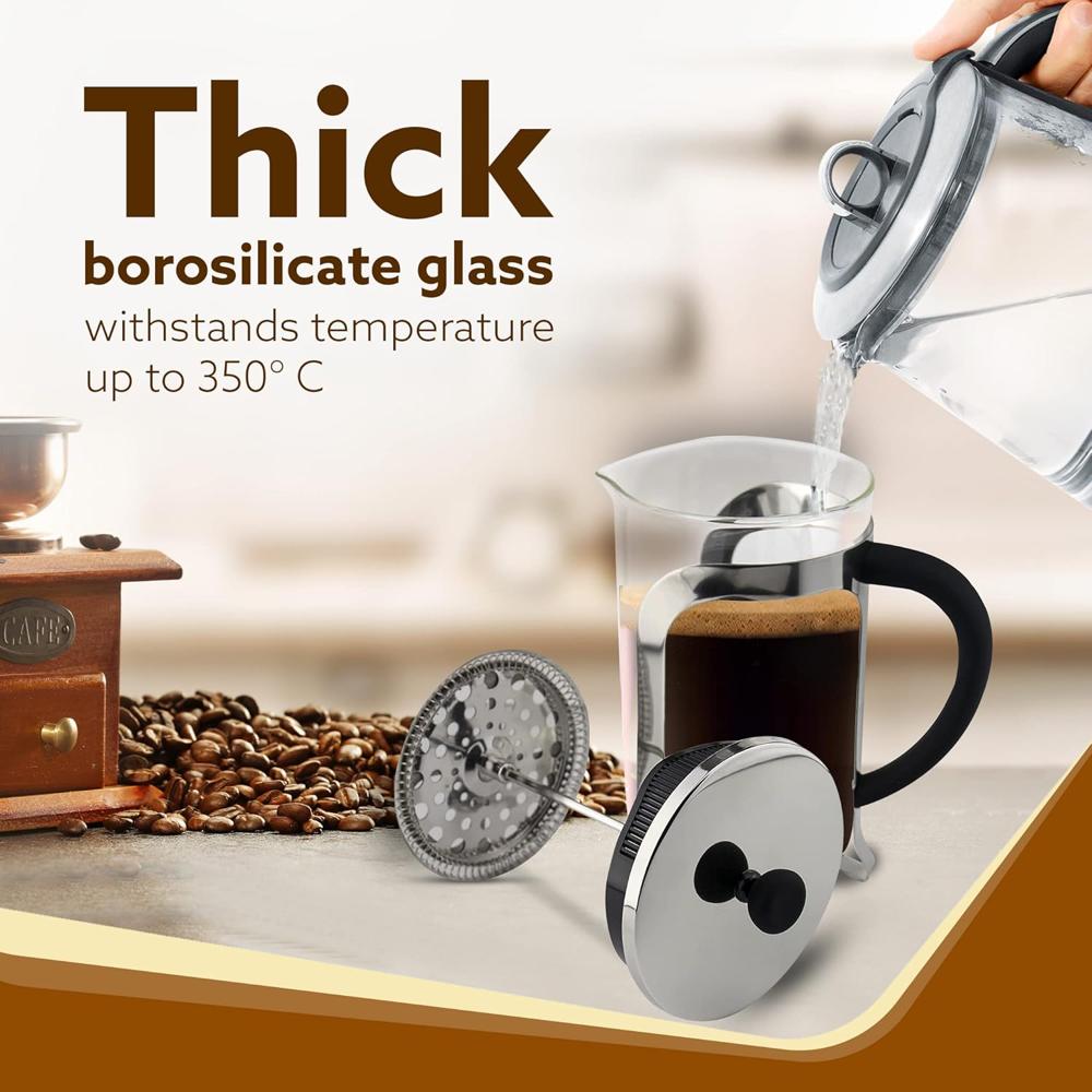AGARO Classic French Press Coffee And Tea Maker, Borosilicate Glass Body With Sleeves, Glass Carafe, BPA Free Plastic Lid Strainer, 600Ml (33933)