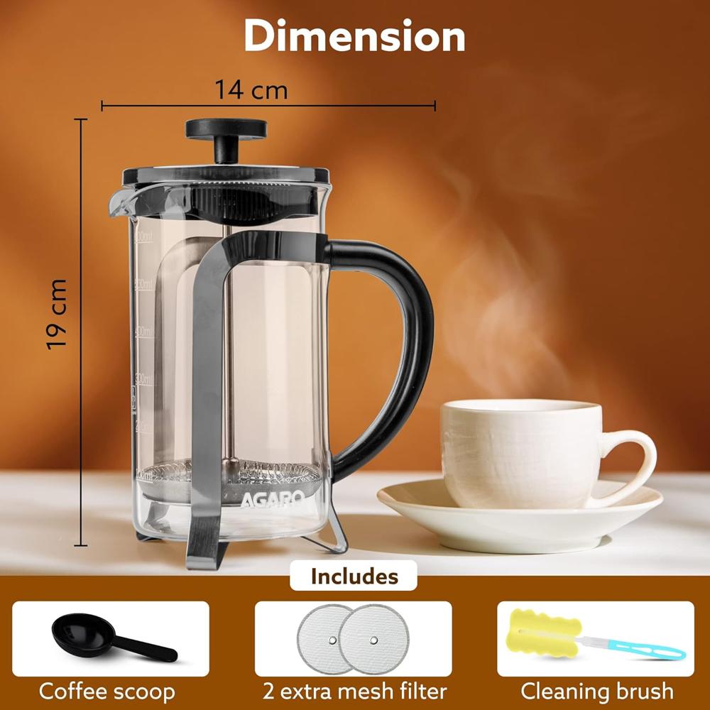 AGARO Classic French Press Coffee And Tea Maker, Borosilicate Glass Body With Sleeves, Glass Carafe, BPA Free Plastic Lid Strainer, 600Ml (33933)