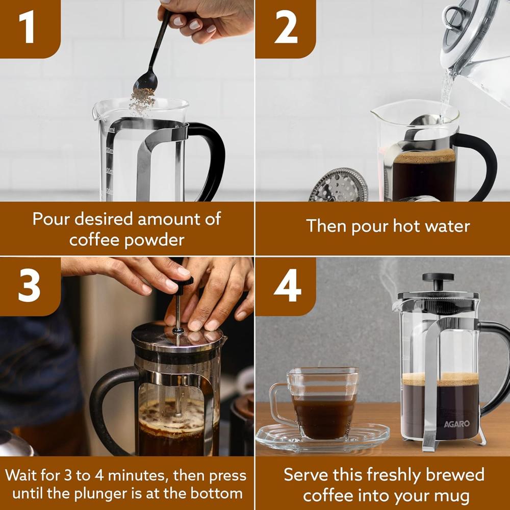 AGARO Classic French Press Coffee And Tea Maker, Borosilicate Glass Body With Sleeves, Glass Carafe, BPA Free Plastic Lid Strainer, 600Ml (33933)