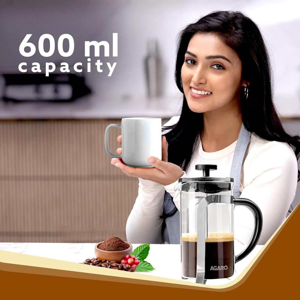 AGARO Classic French Press Coffee And Tea Maker, Borosilicate Glass Body With Sleeves, Glass Carafe, BPA Free Plastic Lid Strainer, 600Ml (33933)