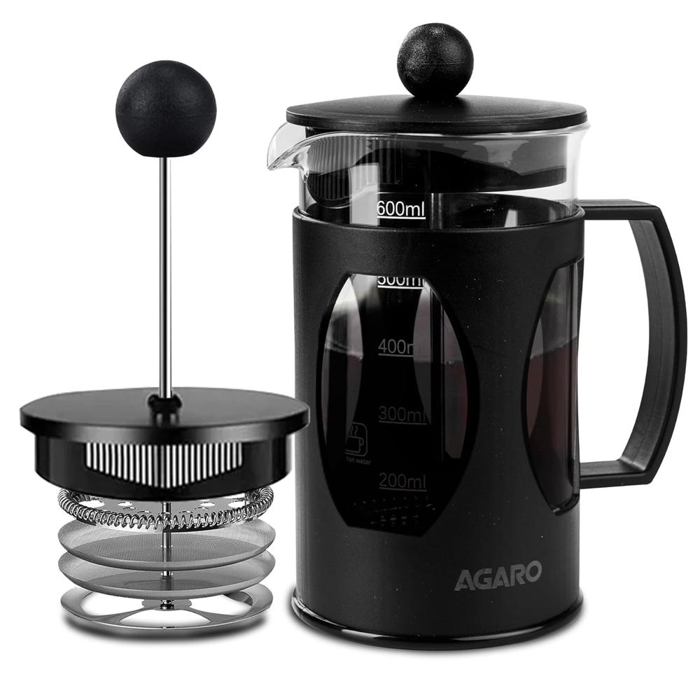 Agaro Elite French Press Coffee And Tea Maker, Borosilicate Glass Body With Sleeves, Glass Carafe, Bpa Free Plastic Lid Strainer, 600ml (33935) - Capacity: 600 Milliliter (ml)