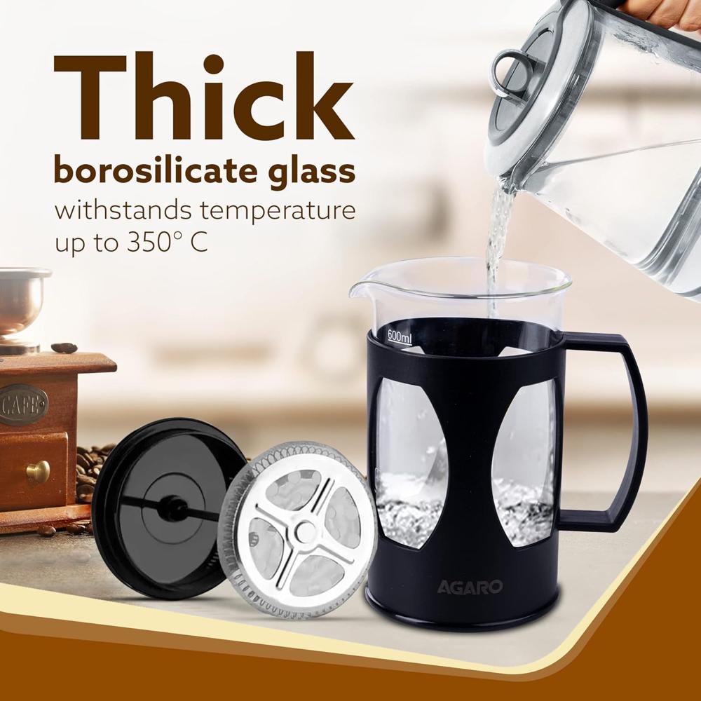 AGARO Elite French Press Coffee And Tea Maker, Borosilicate Glass Body With Sleeves, Glass Carafe, BPA Free Plastic Lid Strainer, 600Ml (33935)