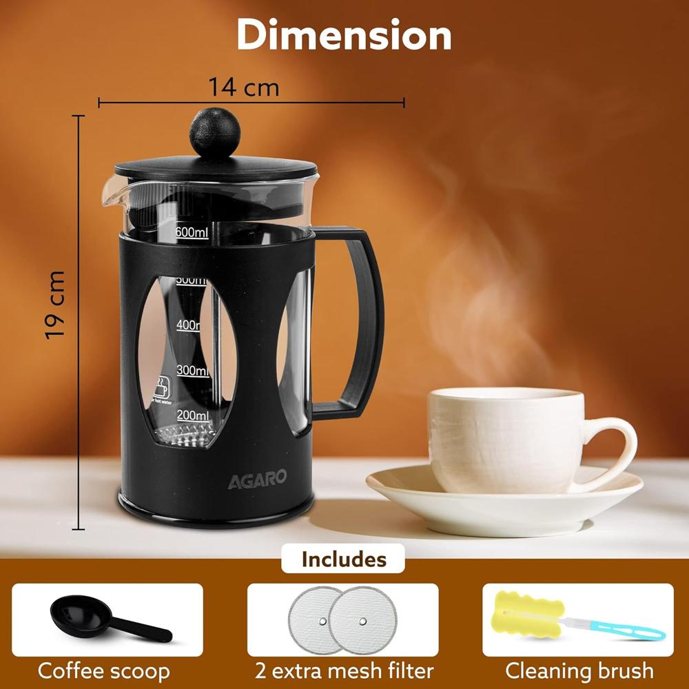 AGARO Elite French Press Coffee And Tea Maker, Borosilicate Glass Body With Sleeves, Glass Carafe, BPA Free Plastic Lid Strainer, 600Ml (33935)