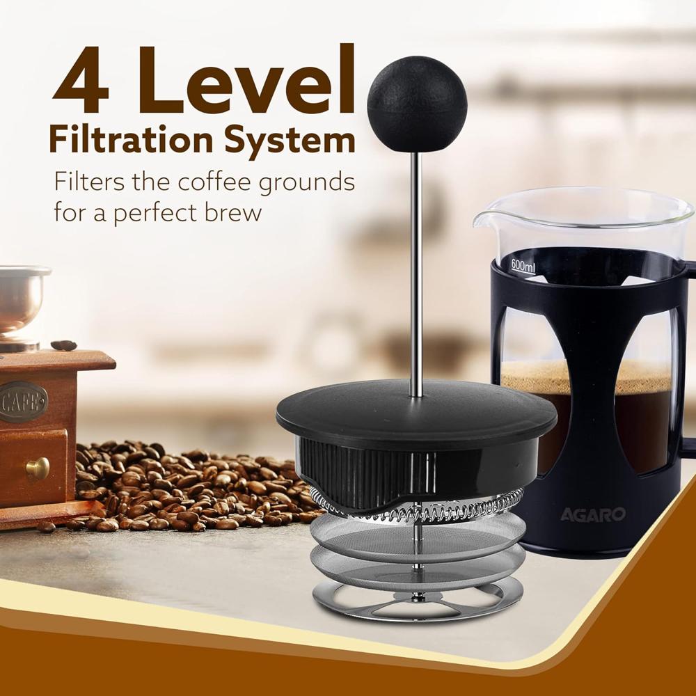 AGARO Elite French Press Coffee And Tea Maker, Borosilicate Glass Body With Sleeves, Glass Carafe, BPA Free Plastic Lid Strainer, 600Ml (33935)