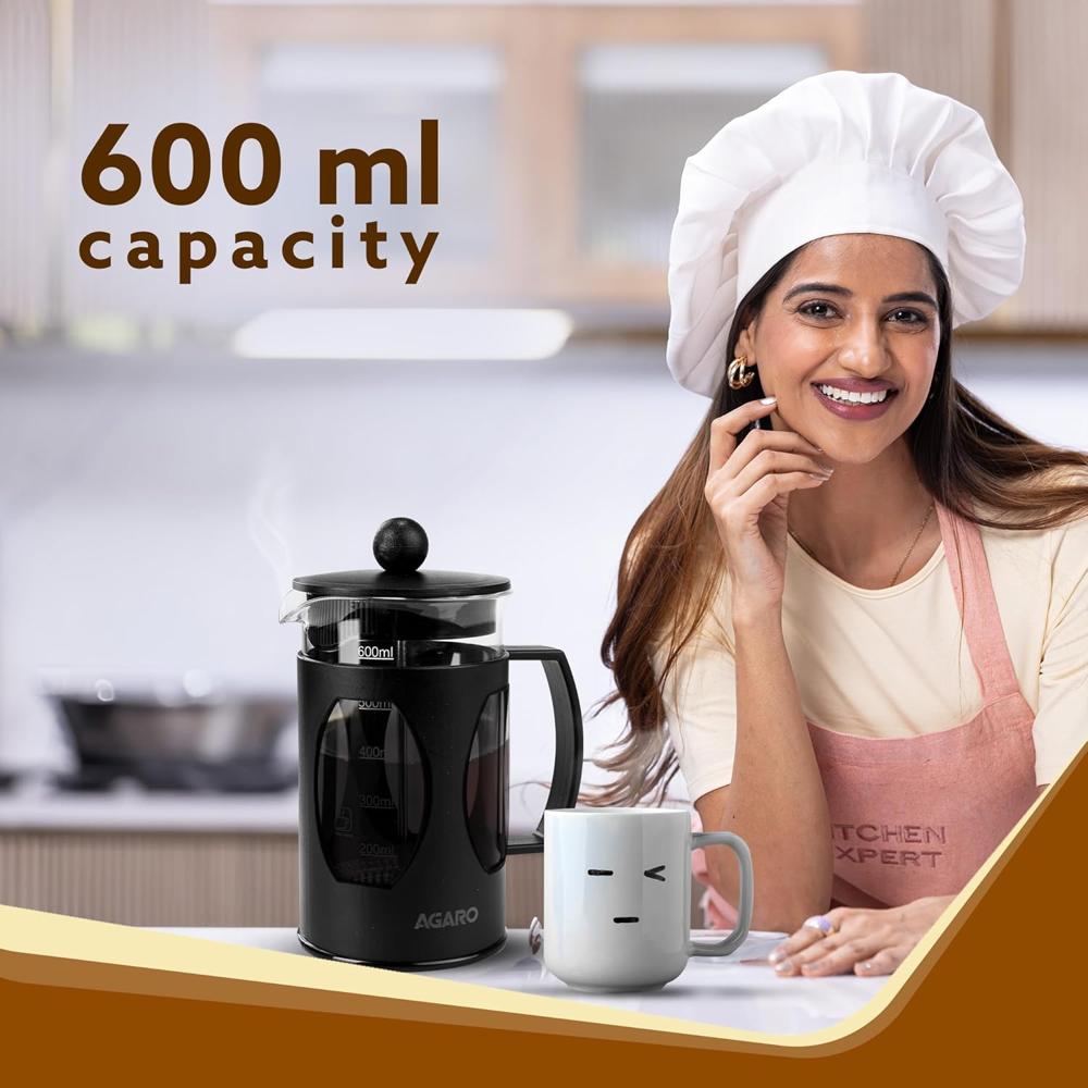 AGARO Elite French Press Coffee And Tea Maker, Borosilicate Glass Body With Sleeves, Glass Carafe, BPA Free Plastic Lid Strainer, 600Ml (33935)