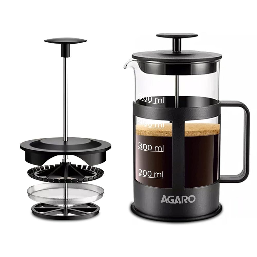 Agaro Delite French Press Coffee And Tea Maker, Borosilicate Glass Body With Sleeves, Glass Carafe, Bpa Free Plastic Lid Strainer, 600ml (33936) - Capacity: 600 Milliliter (ml)