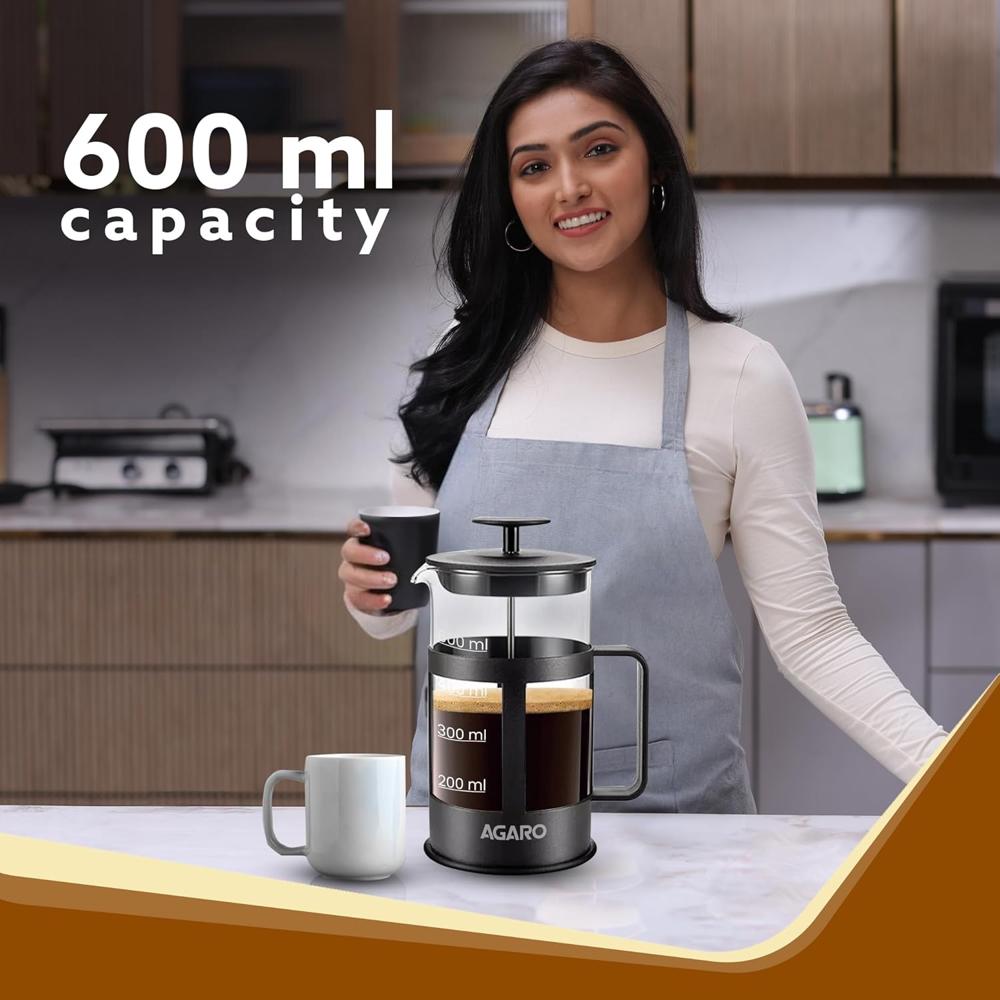 AGARO Delite French Press Coffee And Tea Maker, Borosilicate Glass Body With Sleeves, Glass Carafe, BPA Free Plastic Lid Strainer, 600Ml (33936)