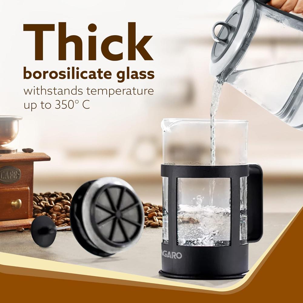 AGARO Delite French Press Coffee And Tea Maker, Borosilicate Glass Body With Sleeves, Glass Carafe, BPA Free Plastic Lid Strainer, 600Ml (33936)