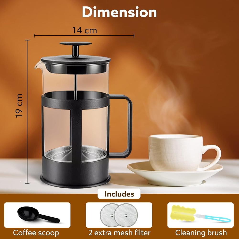 AGARO Delite French Press Coffee And Tea Maker, Borosilicate Glass Body With Sleeves, Glass Carafe, BPA Free Plastic Lid Strainer, 600Ml (33936)