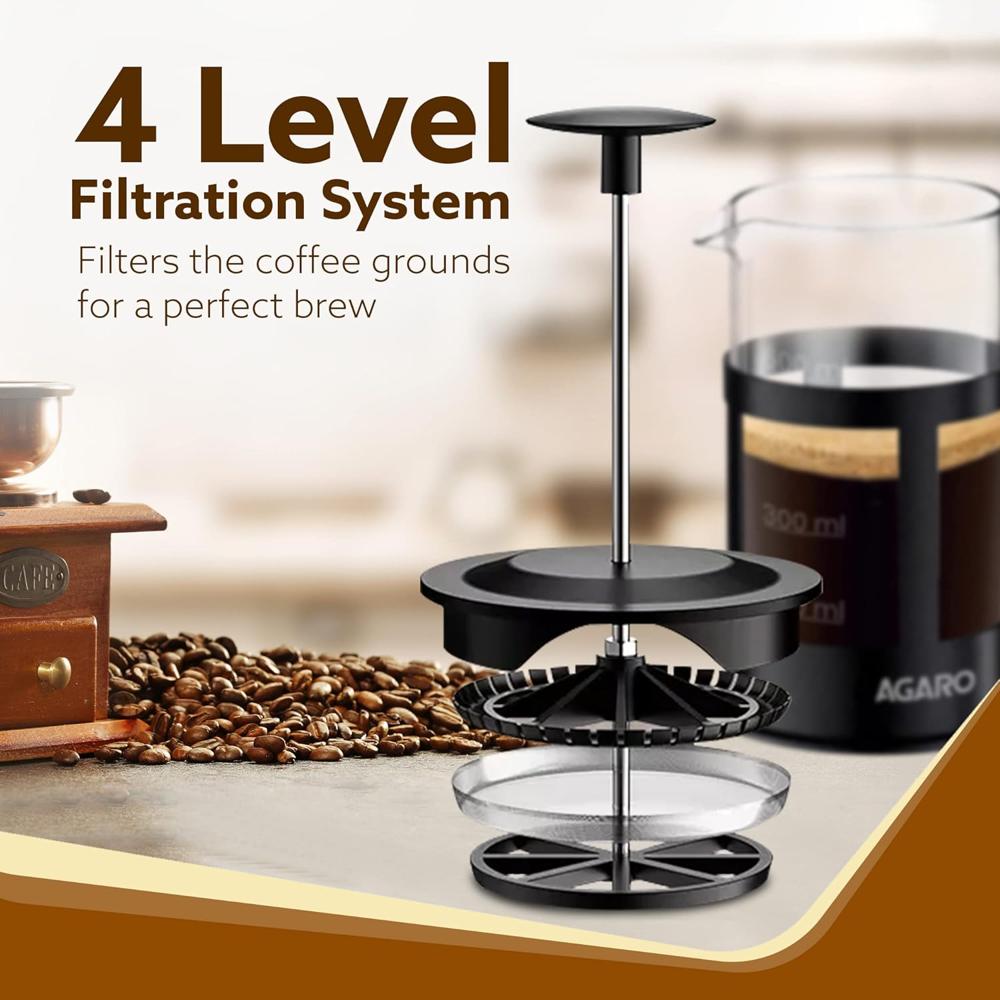 AGARO Delite French Press Coffee And Tea Maker, Borosilicate Glass Body With Sleeves, Glass Carafe, BPA Free Plastic Lid Strainer, 600Ml (33936)