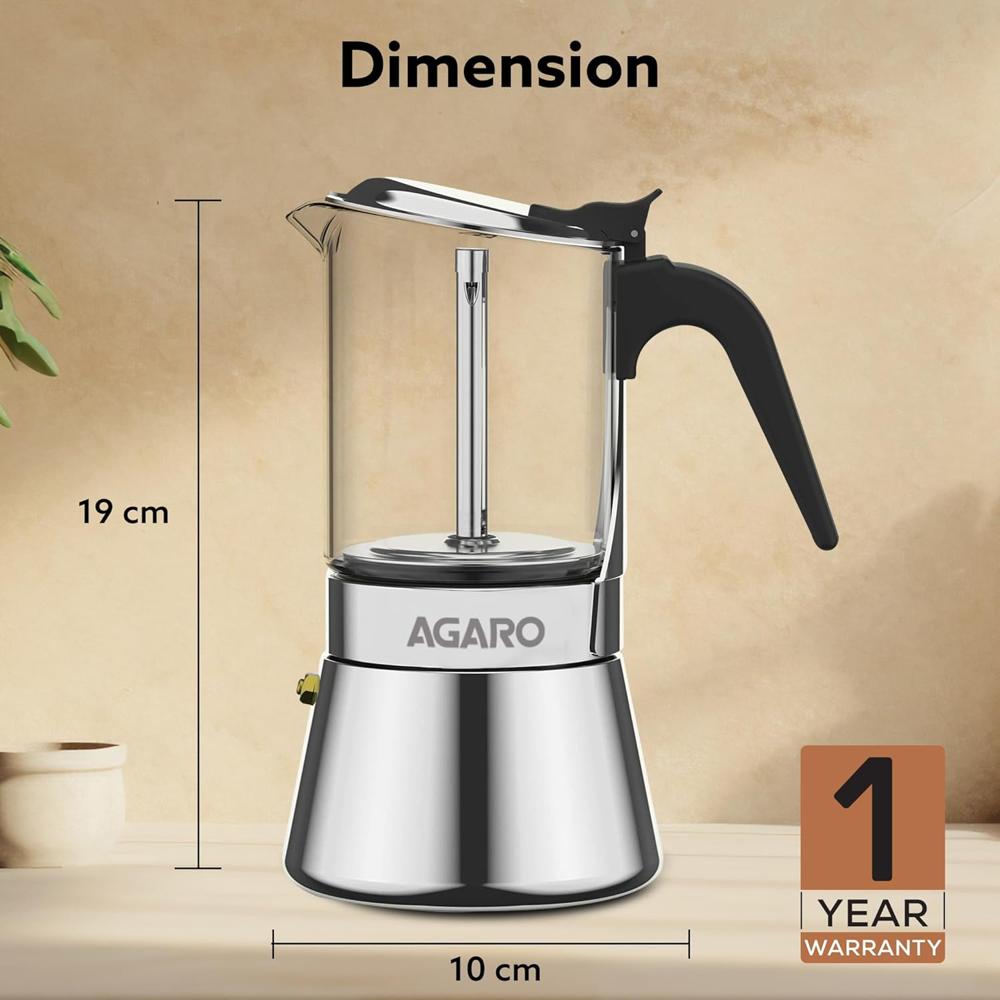 AGARO Imperial Moka Pot, Stovetop & Induction, Espresso Coffee, 240 Ml, Borosilicate Glass (33866)