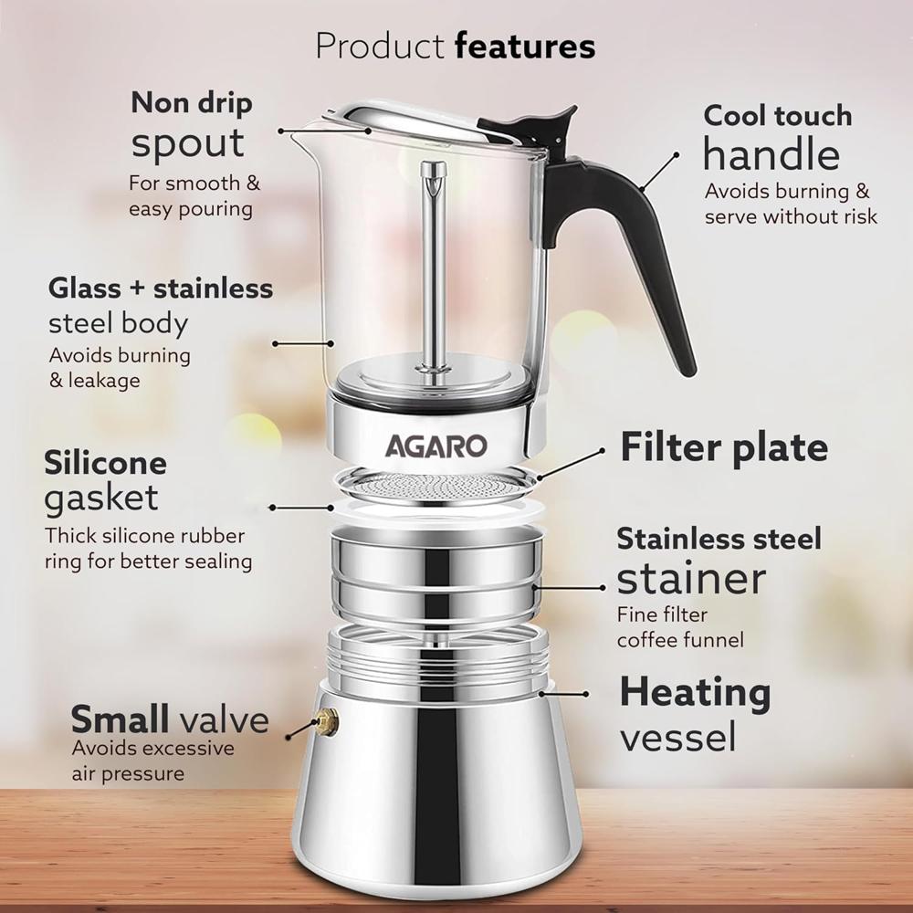 AGARO Imperial Moka Pot, Stovetop & Induction, Espresso Coffee, 240 Ml, Borosilicate Glass (33866)