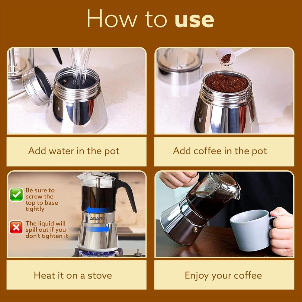 AGARO Imperial Moka Pot, Stovetop & Induction, Espresso Coffee, 240 Ml, Borosilicate Glass (33866)