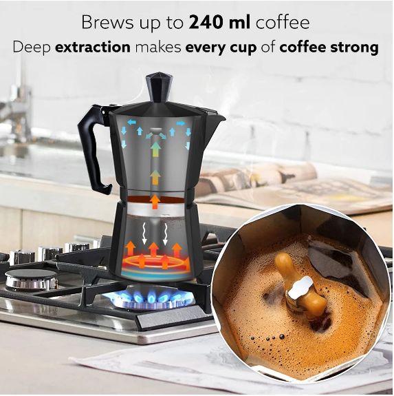 AGARO Classic Moka Pot, Stovetop Espresso, Premium Aluminium Built, 6 Cups Coffee Maker Black 250 ml (33867)