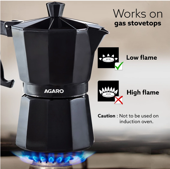 AGARO Classic Moka Pot, Stovetop Espresso, Premium Aluminium Built, 6 Cups Coffee Maker Black 250 ml (33867)