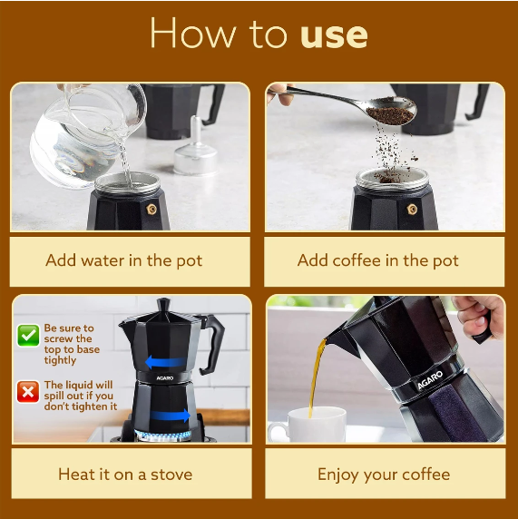 AGARO Classic Moka Pot, Stovetop Espresso, Premium Aluminium Built, 6 Cups Coffee Maker Black 250 ml (33867)