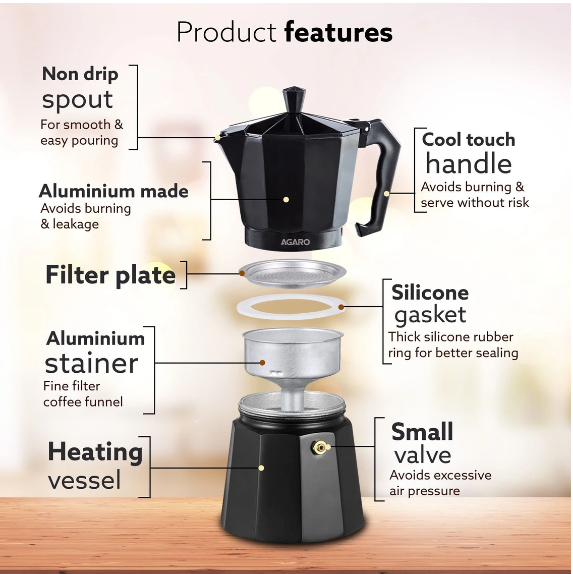 AGARO Classic Moka Pot, Stovetop Espresso, Premium Aluminium Built, 6 Cups Coffee Maker Black 250 ml (33867)