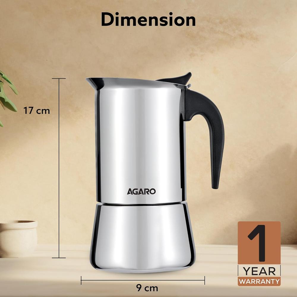 AGARO Royal Moka Pot, Stovetop & Induction Cooktop Classic Espresso & Coffee Maker, 200 Ml, Stainless Steel Built (33868)