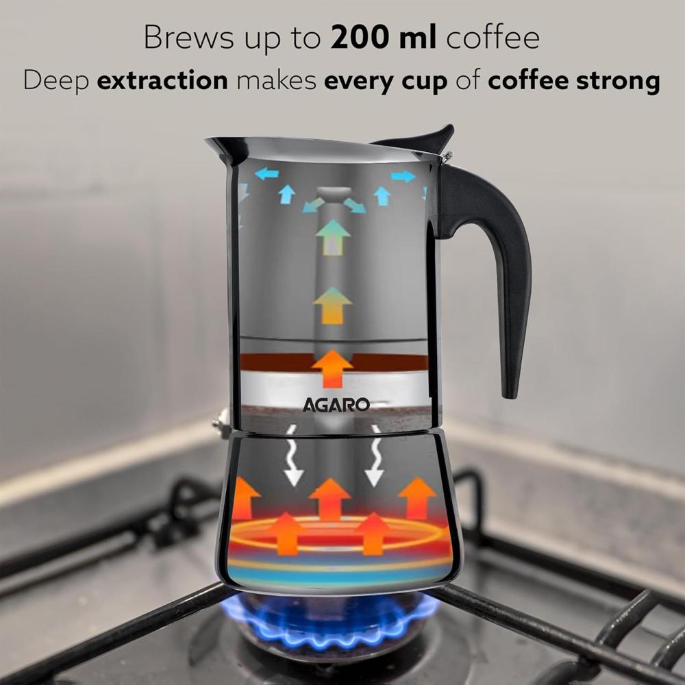 AGARO Royal Moka Pot, Stovetop & Induction Cooktop Classic Espresso & Coffee Maker, 200 Ml, Stainless Steel Built (33868)