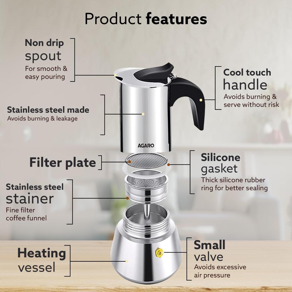AGARO Royal Moka Pot, Stovetop & Induction Cooktop Classic Espresso & Coffee Maker, 200 Ml, Stainless Steel Built (33868)